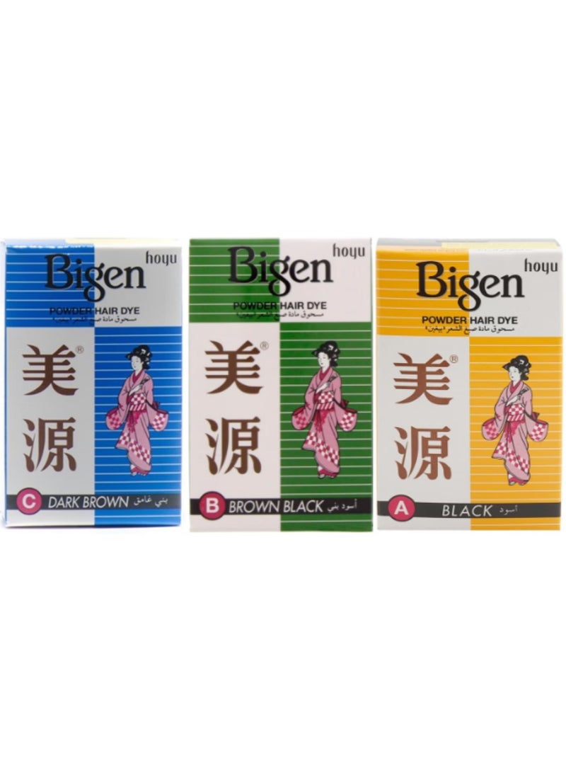 Bigen صبغة شعر بودرة بني أسود + أسود + بني غامق 3 قطع - Image 1