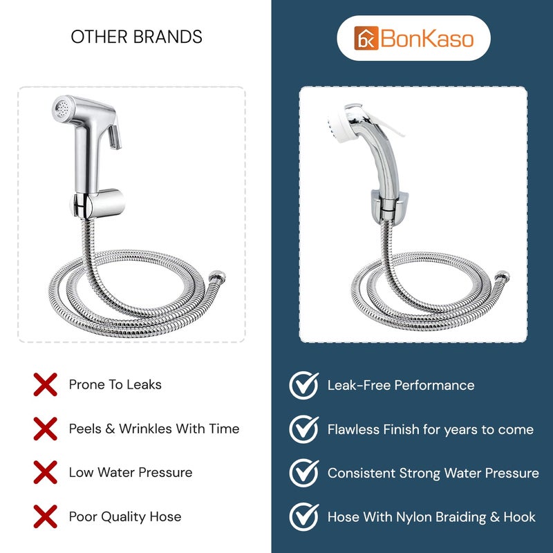 BonKaso صنبور صحي من بونكاسو مصنوع من ABS بكروم فضي لرش الماء للمرحاض بضغط عالٍ، رشاش يدوي مضاد للتسرب مع زر ضغط وفوهات مضادة للاحتباس، خرطوم من الفولاذ المقاوم للصدأ بطول 1 متر، أنبوب مرن - Image 5