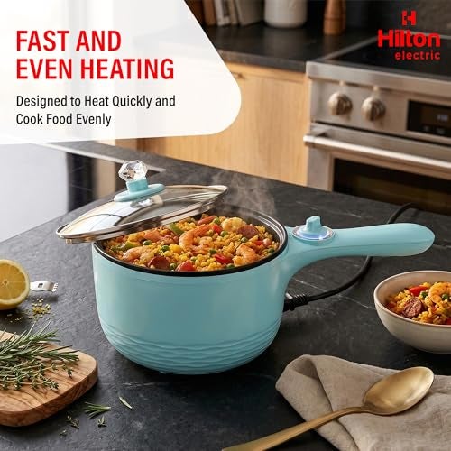 Hilton Electric Pan Upgraded, Non-Stick Sauté Pan, 1L Mini Electric Pot for Maggie, Cheese, Stir Fry, Roast, Steam with Power Adjustment, Perfect for Rice, Ramen, Steak, Egg Travell (Blue) - Image 4
