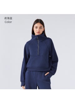 Generic Half Zip High Collar Fleece Sweater Women Autumn Winter night sea blue 