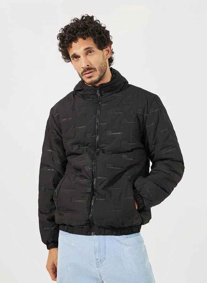 Styli Patterned Quilted Puffer Jacket with Hood