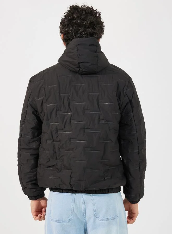 Styli Patterned Quilted Puffer Jacket with Hood