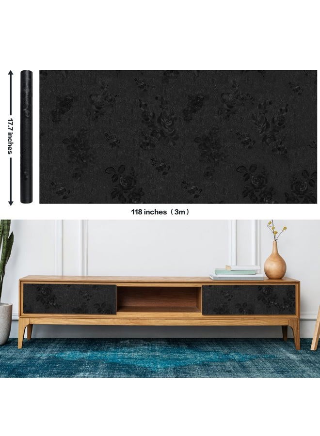 SYYKDEF Black Floral Wallpaper, 17.7 x 118 in Peel and Stick Waterproof Self Adhesive Wall Paper, Removable Vintage Black Floral Embossed Contact Paper for Cabinets Drawers Kitchen Countertop Wall - Image 2