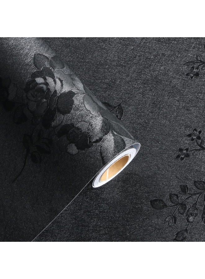 SYYKDEF Black Floral Wallpaper, 17.7 x 118 in Peel and Stick Waterproof Self Adhesive Wall Paper, Removable Vintage Black Floral Embossed Contact Paper for Cabinets Drawers Kitchen Countertop Wall - Image 1