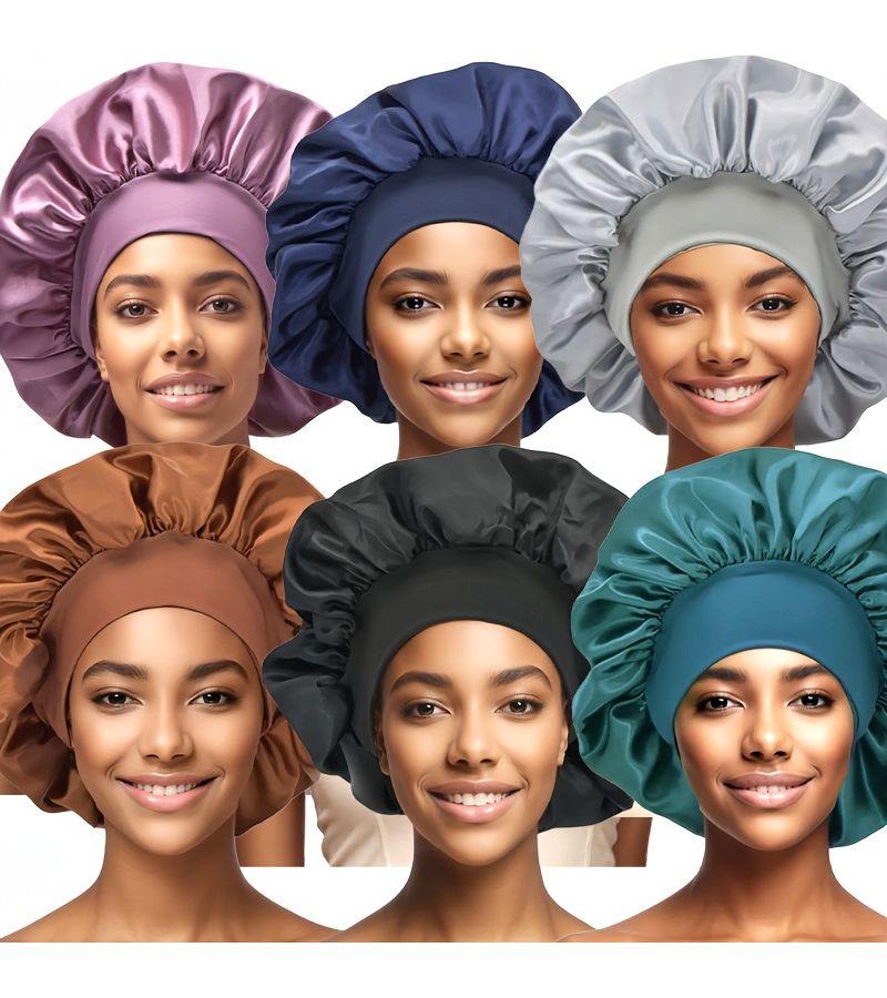 6Pcs Set Womens Satin Bonnet With Elastic Wide Brim Sleep Night Hair Protection Breathable Elastic Band For Bed Travel Daily Wear Compatible With Braids Twists Color F - Image 1