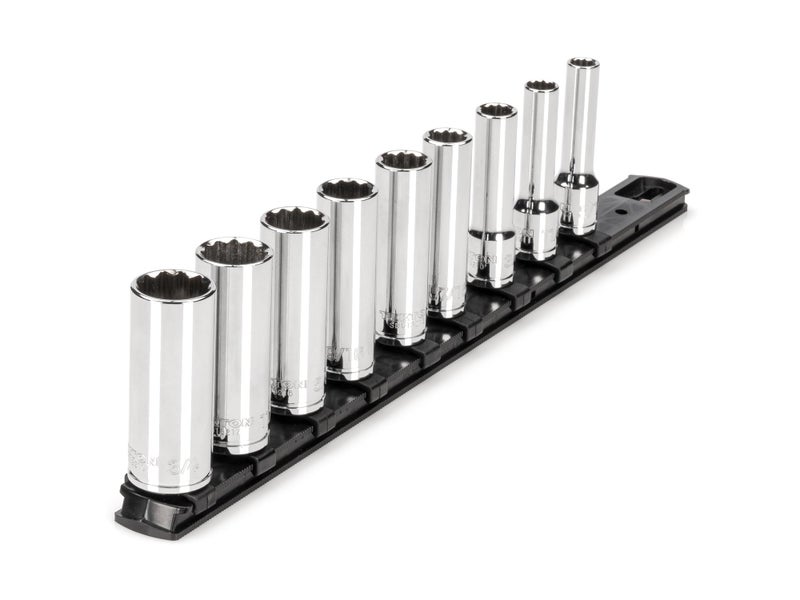 TEKTON 3/8 Inch Drive Deep 12-Point Socket Set with Rail, 9-Piece (5/16 - 3/4 in.) | SHD91107