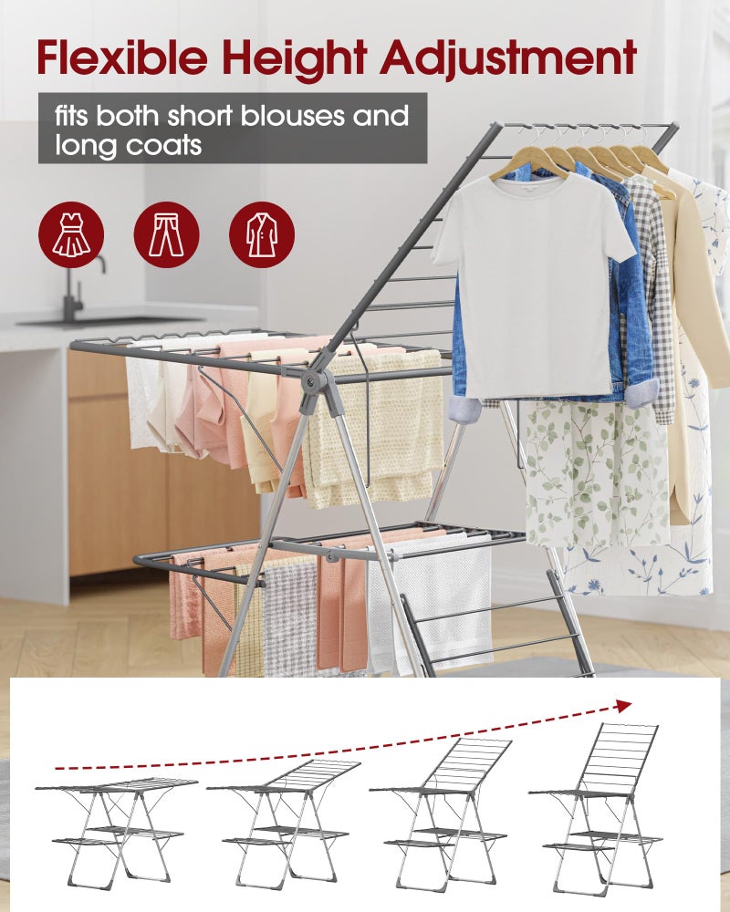 Sakugi Clothes Drying Rack, Foldable 2-Level Laundry Drying Rack with Height-Adjustable Wings, for Clothing & Bedding, Free-Standing Space-Saving Rack, Indoor & Outdoor, 55.5" L Ã— 22.8" W, Gray - Image 2