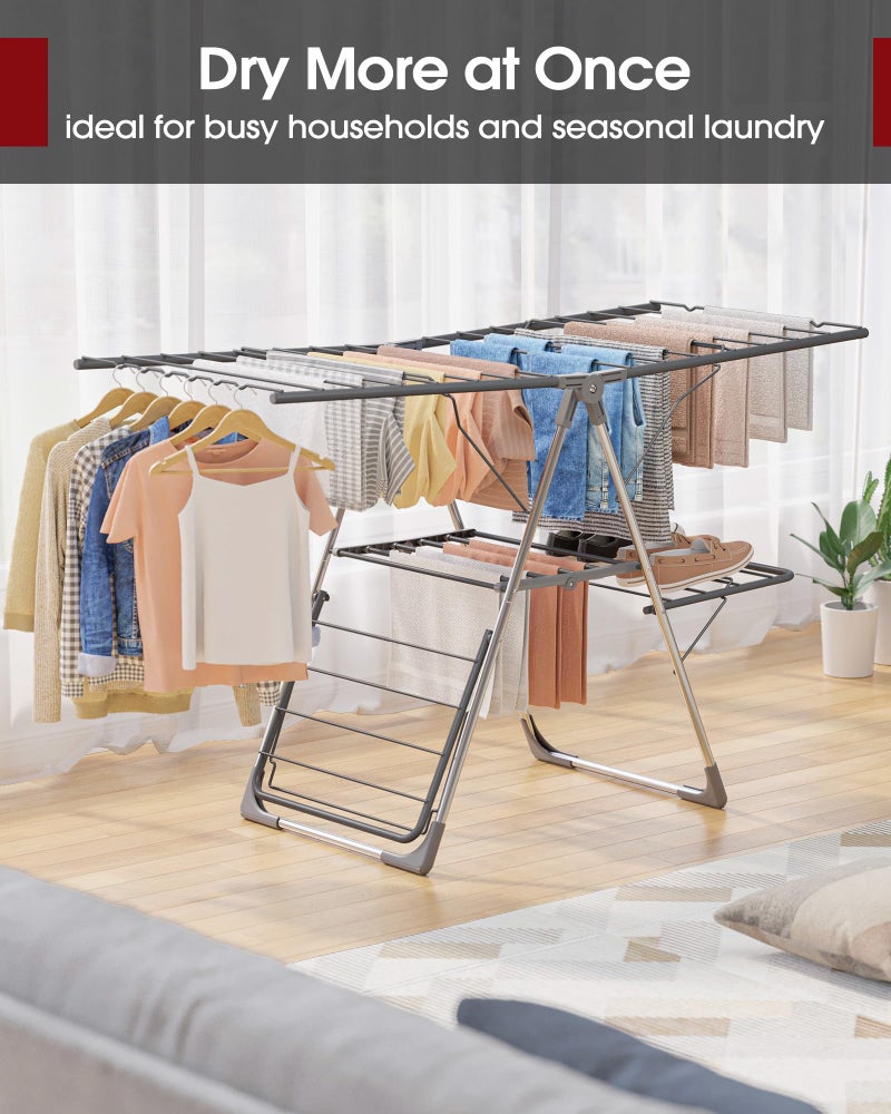 Sakugi Clothes Drying Rack, Foldable 2-Level Laundry Drying Rack with Height-Adjustable Wings, for Clothing & Bedding, Free-Standing Space-Saving Rack, Indoor & Outdoor, 55.5" L Ã— 22.8" W, Gray - Image 5