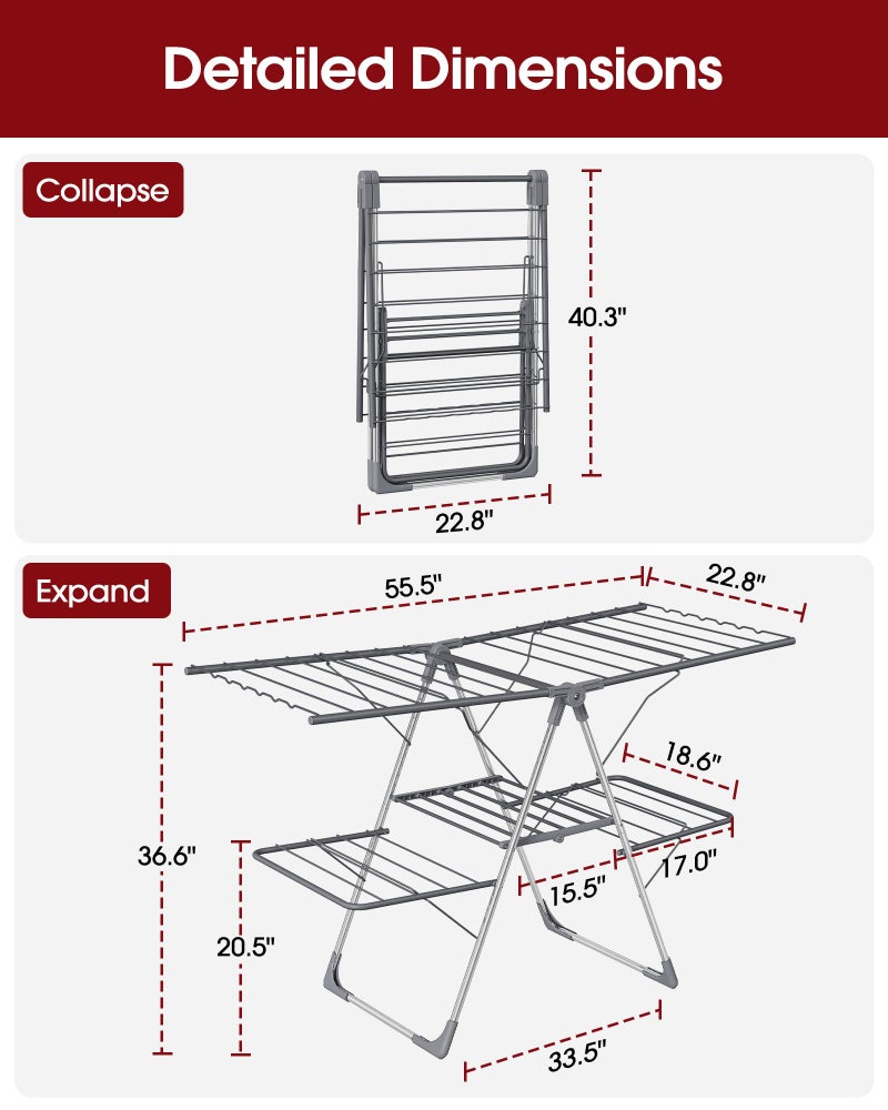 Sakugi Clothes Drying Rack, Foldable 2-Level Laundry Drying Rack with Height-Adjustable Wings, for Clothing & Bedding, Free-Standing Space-Saving Rack, Indoor & Outdoor, 55.5" L Ã— 22.8" W, Gray - Image 4