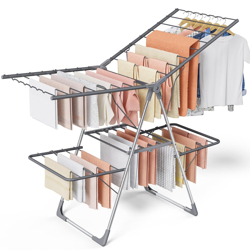 Sakugi Clothes Drying Rack, Foldable 2-Level Laundry Drying Rack with Height-Adjustable Wings, for Clothing & Bedding, Free-Standing Space-Saving Rack, Indoor & Outdoor, 55.5" L Ã— 22.8" W, Gray - Image 1