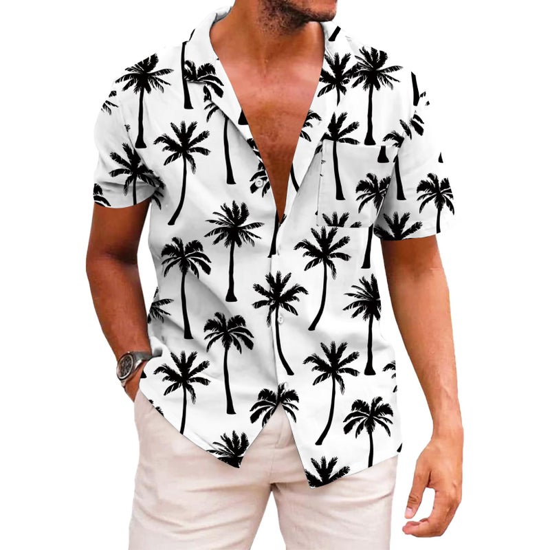 KYKU Hawaiian Shirt Man Graphic Button Up Shirt Coconut Tree, White, X-Large - Image 1