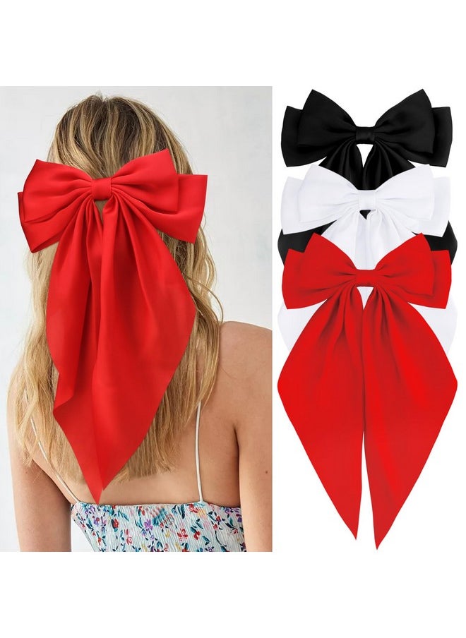 Velscrun Velscrun Red Black White Hair Bows for Women Girls, Silky Satin Large Coquette Bow Oversized Hair Ribbons Big Bows Clip, Long Tail Bowknot Hair Barrettes Halloween Christmas Hair Bow Accessories  - Image 1