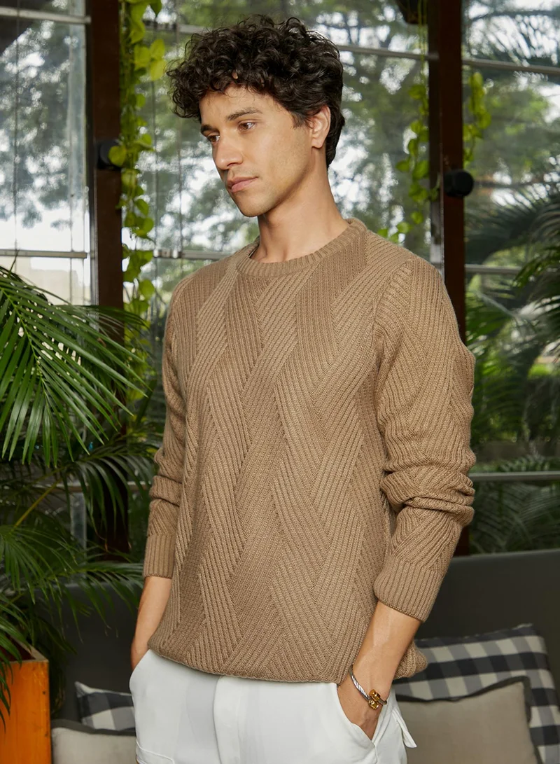 Campus Sutra Men's Ash Brown Basket-Knit Pullover Sweater
