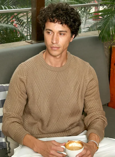Campus Sutra Men's Ash Brown Basket-Knit Pullover Sweater