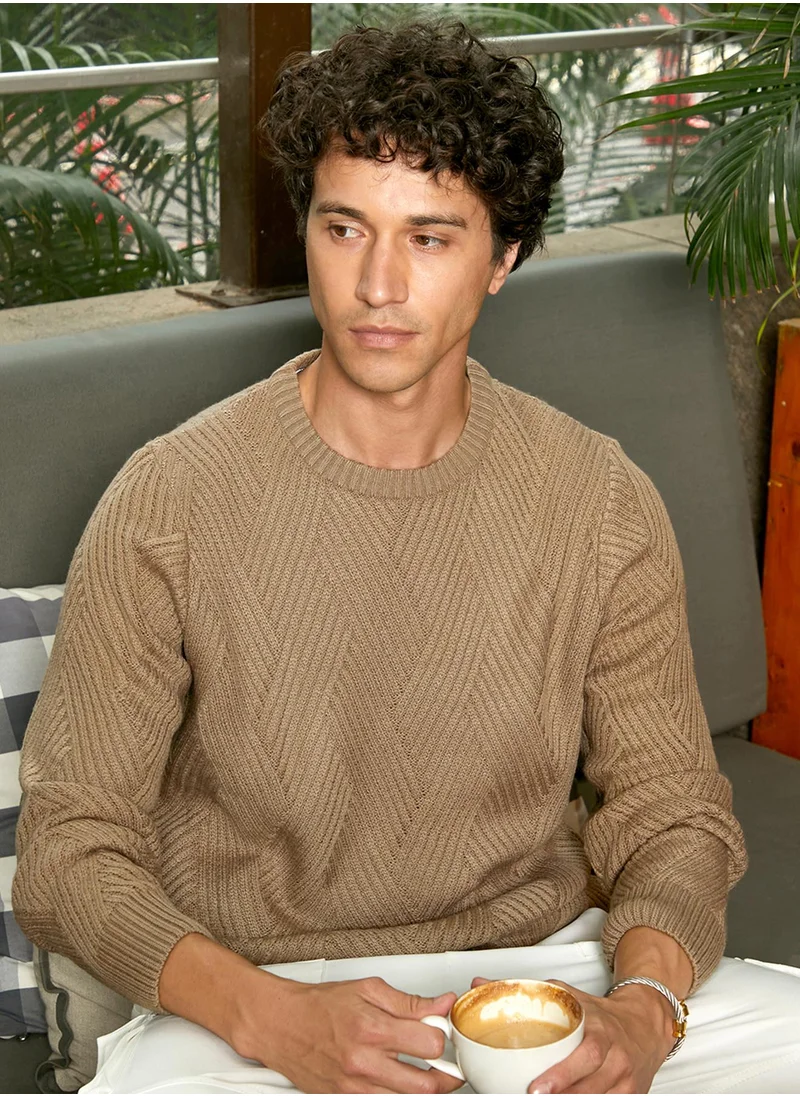 كامبوس سوترا Men's Ash Brown Basket-Knit Pullover Sweater