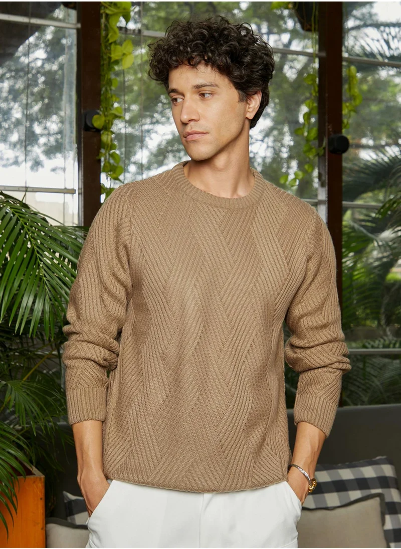 كامبوس سوترا Men's Ash Brown Basket-Knit Pullover Sweater