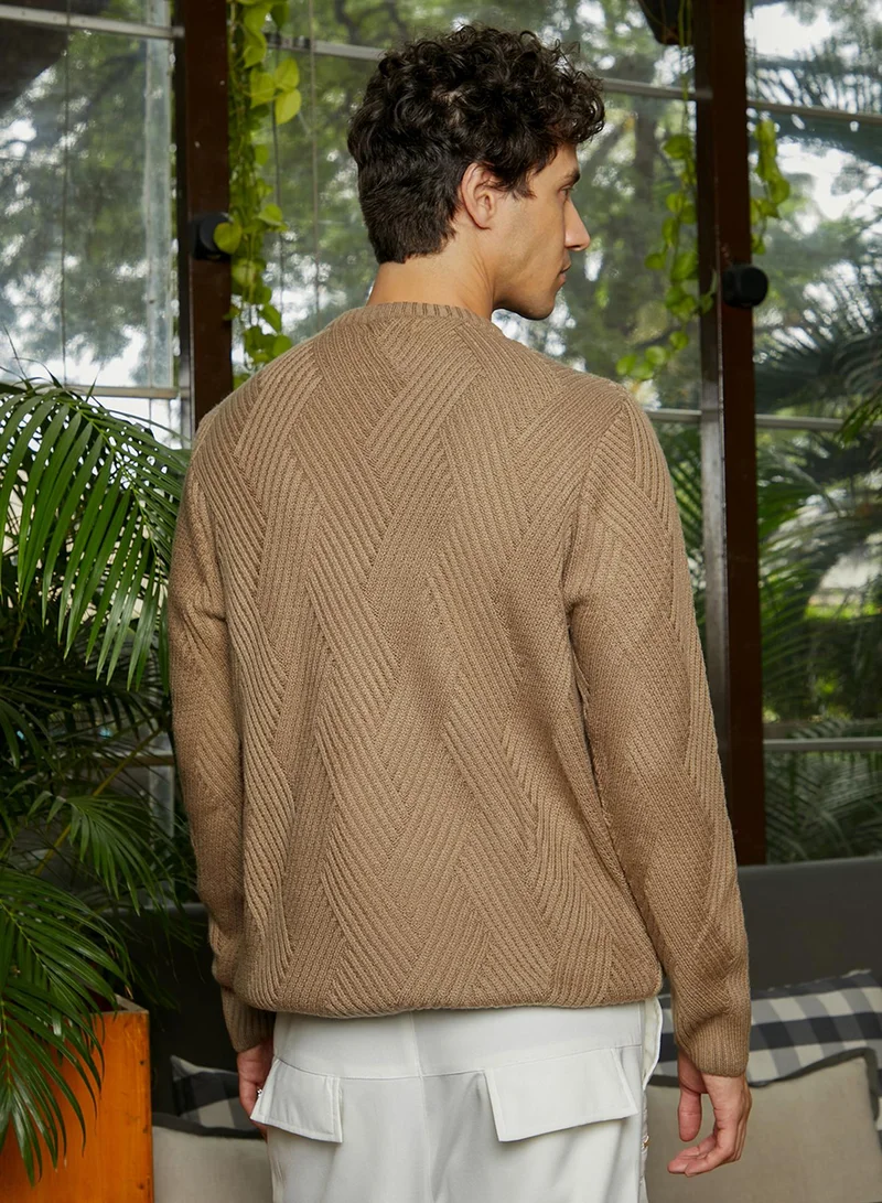 Campus Sutra Men's Ash Brown Basket-Knit Pullover Sweater