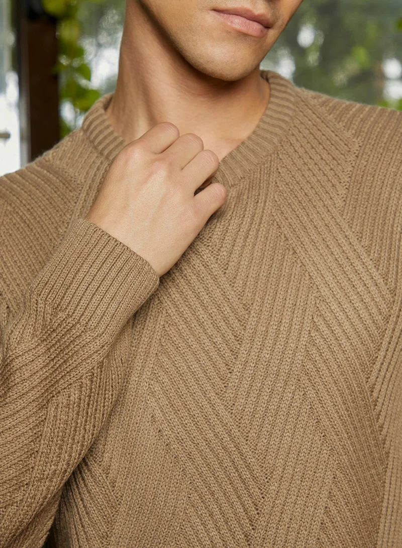 Campus Sutra Men's Ash Brown Basket-Knit Pullover Sweater
