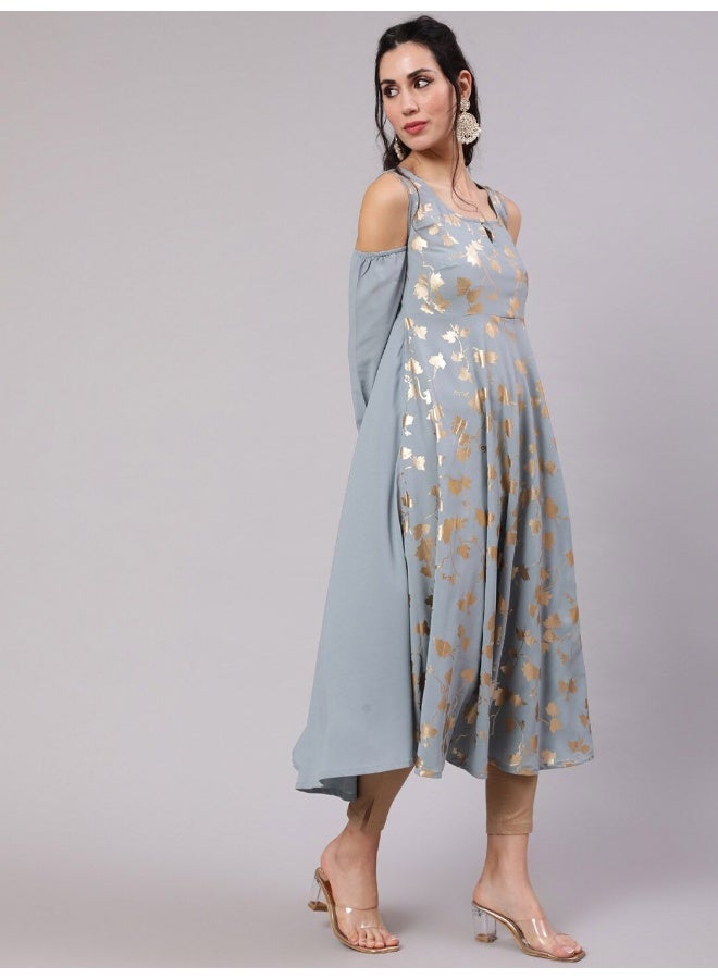 AKS Grey Gold Print Flared Anarkali - Image 3