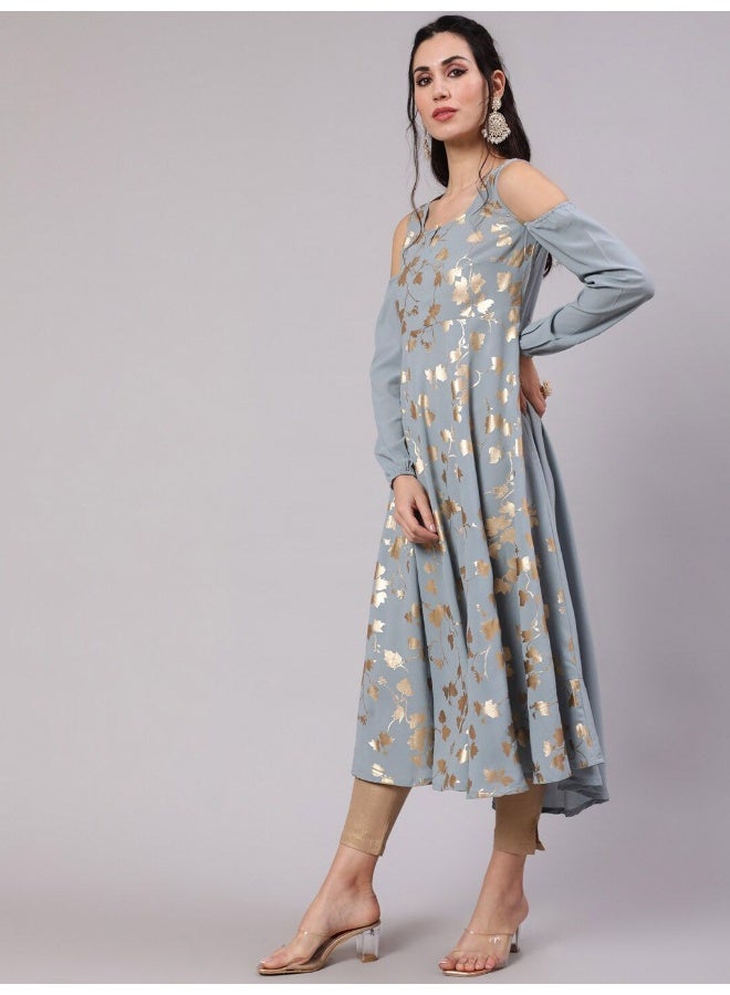 AKS Grey Gold Print Flared Anarkali - Image 5