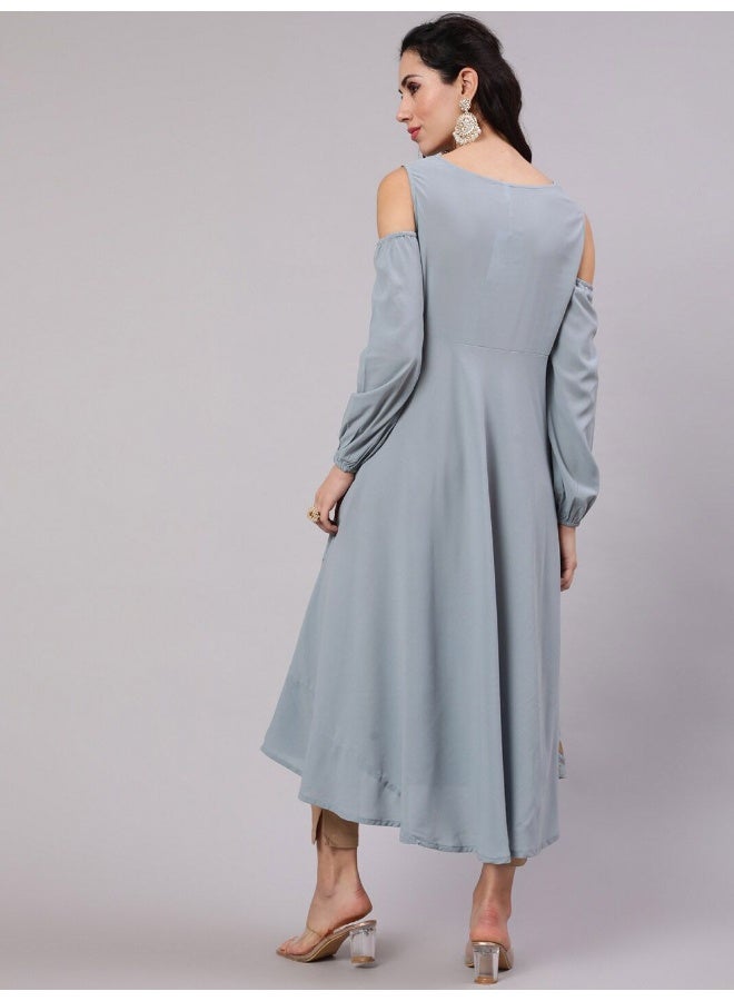 AKS Grey Gold Print Flared Anarkali - Image 4