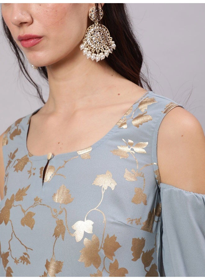 AKS Grey Gold Print Flared Anarkali - Image 2