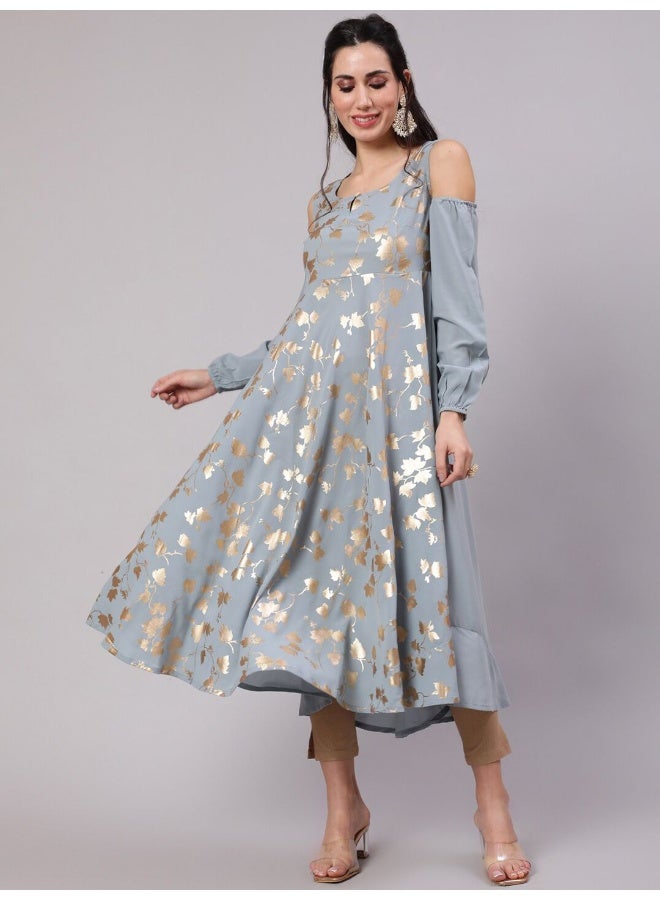 AKS Grey Gold Print Flared Anarkali - Image 1