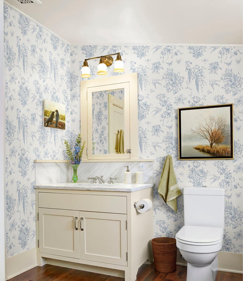 Froluya Blue and Cream White Floral Peel and Stick Wallpaper Vintage Birds Wallpaper 16.9"x118.1" Floral Removable Contact Paper Blue Flowers Self Adhesive Wall Paper for Bathroom Bedroom Decorative - Image 3