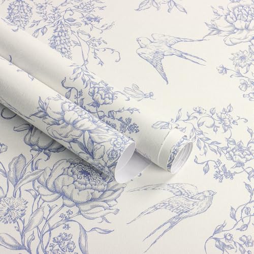 Froluya Blue and Cream White Floral Peel and Stick Wallpaper Vintage Birds Wallpaper 16.9"x118.1" Floral Removable Contact Paper Blue Flowers Self Adhesive Wall Paper for Bathroom Bedroom Decorative - Image 1