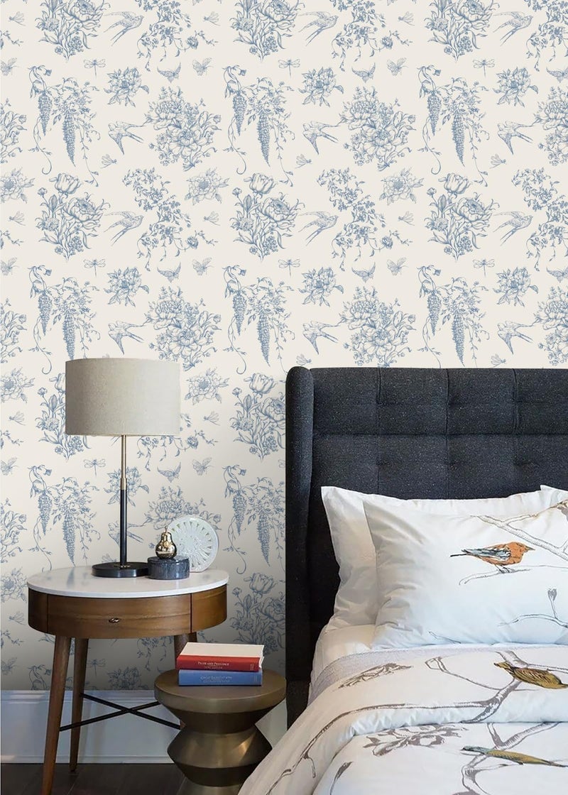 Froluya Blue and Cream White Floral Peel and Stick Wallpaper Vintage Birds Wallpaper 16.9"x118.1" Floral Removable Contact Paper Blue Flowers Self Adhesive Wall Paper for Bathroom Bedroom Decorative - Image 2
