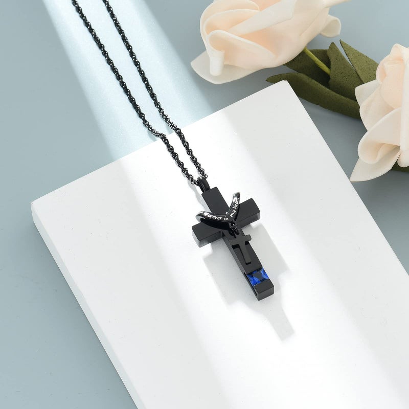 shajwo Cremation Cross Urn Necklace for Ashes Jewelry for Women Men Memorial Keepsake Birthstone Pendant for Human Pet,Dark Blue - Image 2