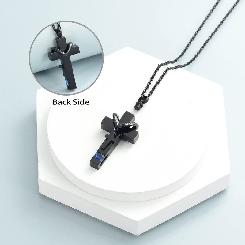shajwo Cremation Cross Urn Necklace for Ashes Jewelry for Women Men Memorial Keepsake Birthstone Pendant for Human Pet,Dark Blue - Image 3
