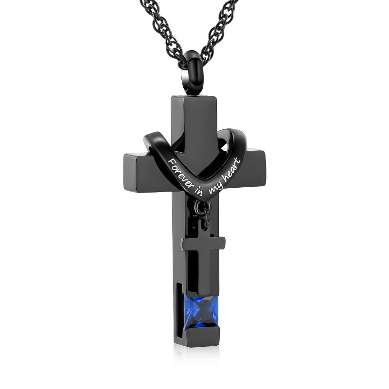 shajwo Cremation Cross Urn Necklace for Ashes Jewelry for Women Men Memorial Keepsake Birthstone Pendant for Human Pet,Dark Blue - Image 1