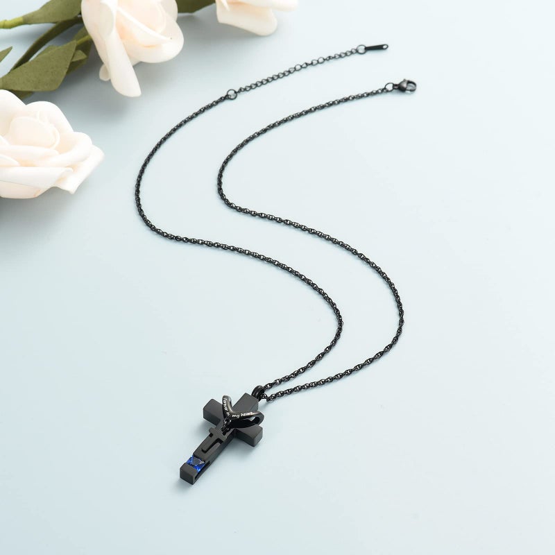 shajwo Cremation Cross Urn Necklace for Ashes Jewelry for Women Men Memorial Keepsake Birthstone Pendant for Human Pet,Dark Blue - Image 5