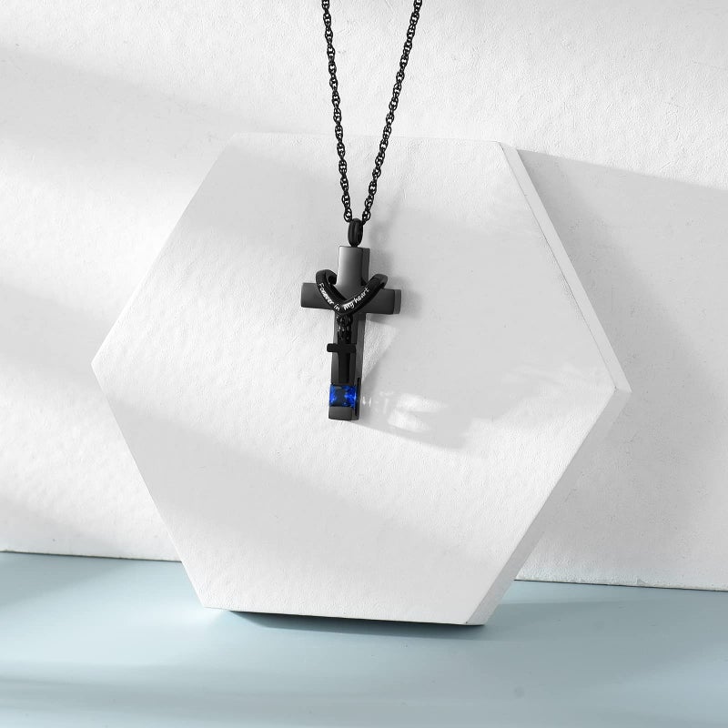 shajwo Cremation Cross Urn Necklace for Ashes Jewelry for Women Men Memorial Keepsake Birthstone Pendant for Human Pet,Dark Blue - Image 4