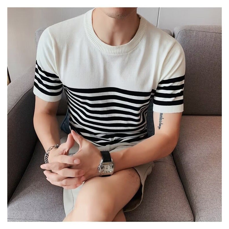 2025 Men'S Summer Ice Silk Short Sleeve Knitted Round Neck Striped T-Shirt Plaid Temperament Home Wear - Image 3