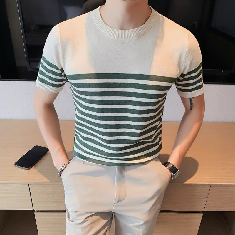 2025 Men'S Summer Ice Silk Short Sleeve Knitted Round Neck Striped T-Shirt Plaid Temperament Home Wear - Image 5