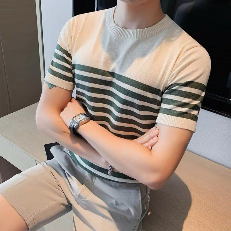 2025 Men'S Summer Ice Silk Short Sleeve Knitted Round Neck Striped T-Shirt Plaid Temperament Home Wear - Image 4