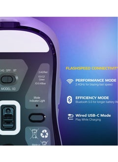هجوم القرش ماوس ألعاب لاسلكي خفيف الوزن X3 مع وضع ثلاثي 2.4 جيجاهرتز/USB-C سلكي/بلوتوث، بدقة تصل إلى 26 ألف نقطة في البوصة، ومستشعر بصري PAW3395، و5 أزرار قابلة للبرمجة لأجهزة الكمبيوتر الشخصية/الكمبيوتر المحمول/ويندوز/ماك  - Image 4