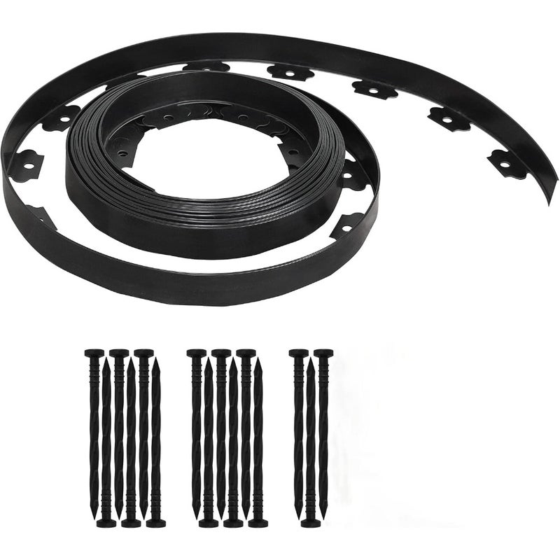 Landscape Edging Kit, 1.5 Inch x 16 Ft Black Plastic Modern Garden Edging with 15 Spikes - Image 1
