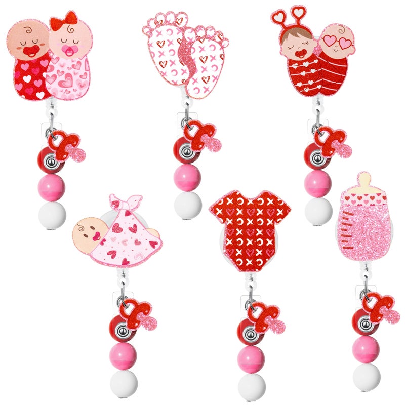 BkeeCten Valentines Baby Badge Reel - 6 Pcs Cute Baby Theme Retractable ID Holder with 24 Inch Cord & 360Â°Rotating Metal Clip for Nurses, NICU Staff, Healthcare Professionals & Holiday Gifts - Image 1