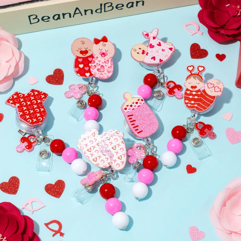 BkeeCten Valentines Baby Badge Reel - 6 Pcs Cute Baby Theme Retractable ID Holder with 24 Inch Cord & 360Â°Rotating Metal Clip for Nurses, NICU Staff, Healthcare Professionals & Holiday Gifts - Image 4
