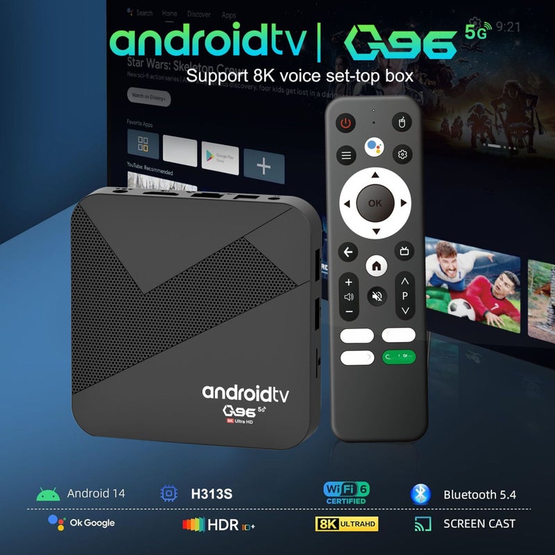 Q96 V09 جهاز تلفزيون ذكي بنظام أندرويد، مشغل وسائط عبر الشبكة، صندوق تلفزيون 4K، يدعم الواي فاي ثنائي النطاق والبلوتوث - Image 1