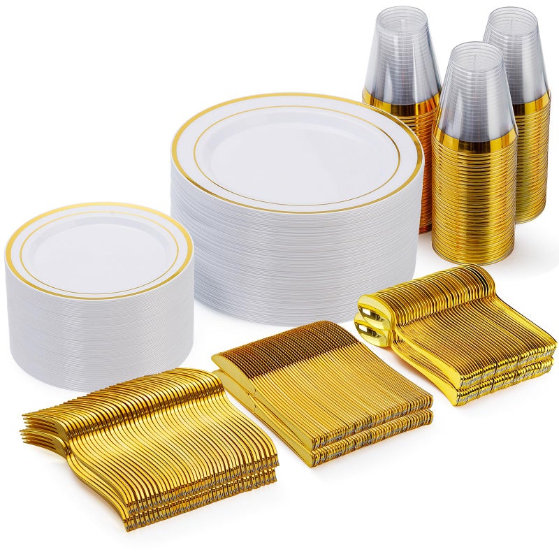 Goodluck 300 Pieces Gold Disposable Plates for 50 Guests Plastic Plates for Party Wedding Dinnerware Set of 50 Dinner Plates 50 Salad Plates 50 Spoons 50 Forks 50 Knives 50 Cups