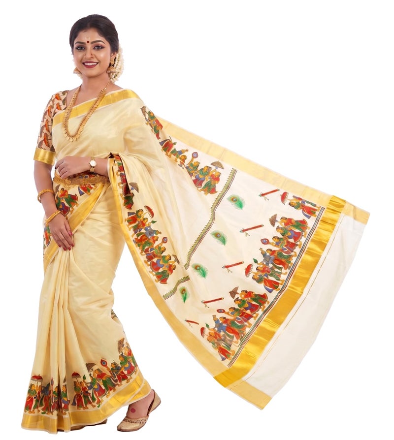 YETTALAN® Women’s Mural Printed Kerala Gold Tissue Saree with Running Blouse (Darbar) - Image 1