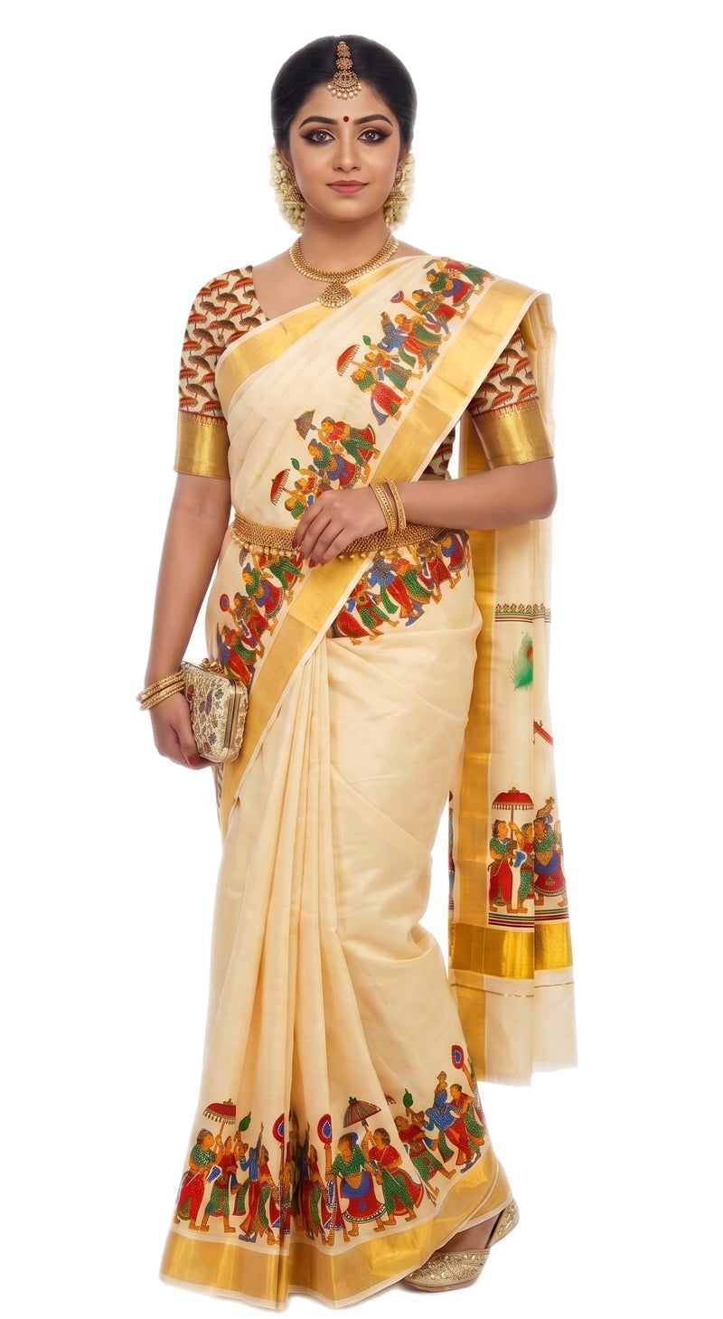 YETTALAN® Women’s Mural Printed Kerala Gold Tissue Saree with Running Blouse (Darbar) - Image 4