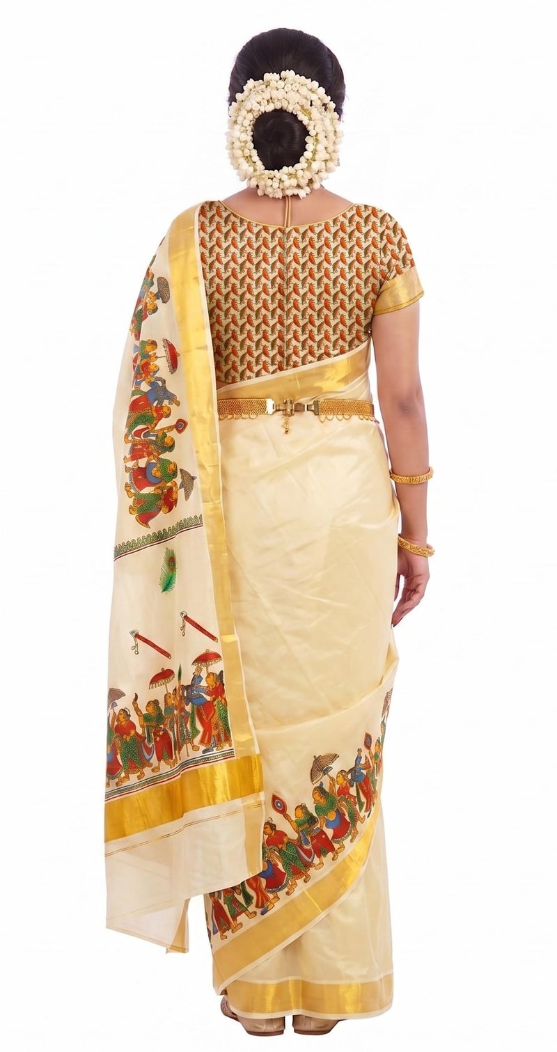 YETTALAN® Women’s Mural Printed Kerala Gold Tissue Saree with Running Blouse (Darbar) - Image 2