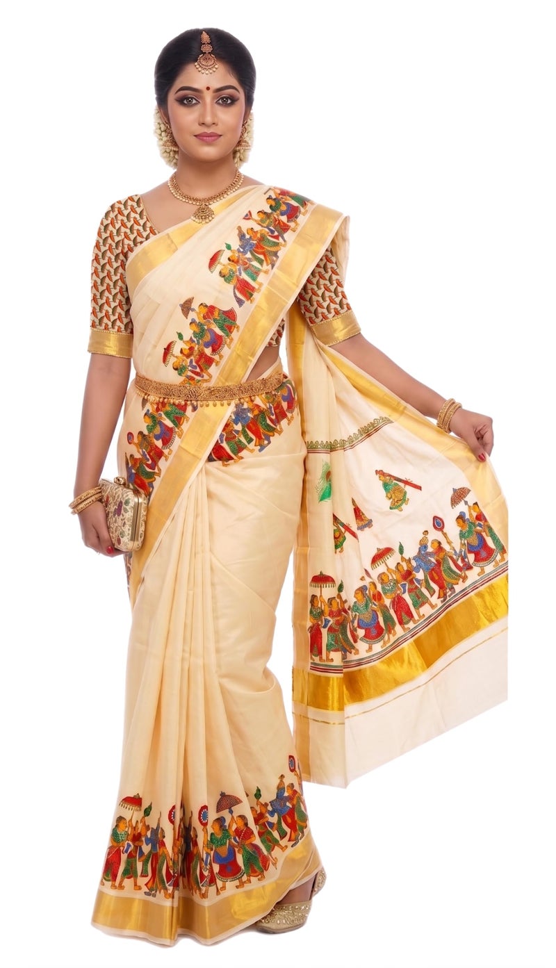 YETTALAN® Women’s Mural Printed Kerala Gold Tissue Saree with Running Blouse (Darbar) - Image 3