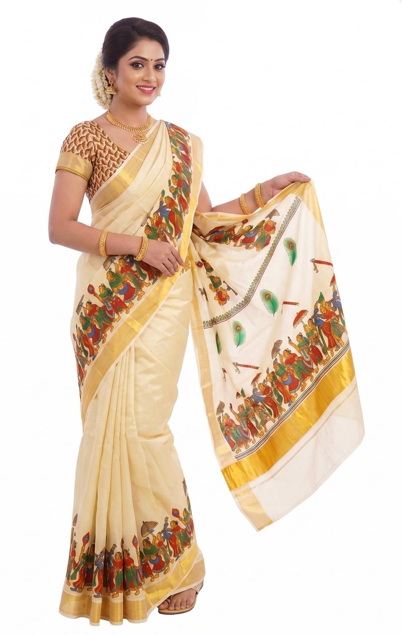 YETTALAN® Women’s Mural Printed Kerala Gold Tissue Saree with Running Blouse (Darbar) - Image 5