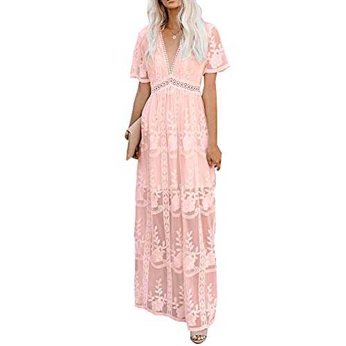 amropi Womens Deep V Neck Short Sleeve Floral Lace Dress Long Bridesmaid Maxi Dresses Pink,XL - Image 1